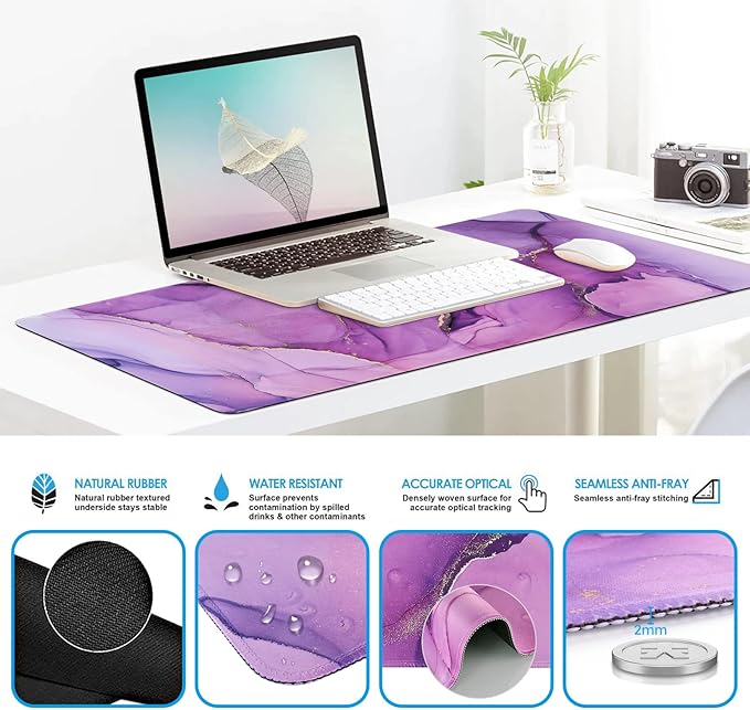 iCasso Purple Ergonomic Large Mouse Pad with Wrist Support, 4in1 XXL Desk Mat Set- Keyboard Wrist Rest + Mouse Wrist Rest + Coaster, Marble Style Desk Pad Mousepad