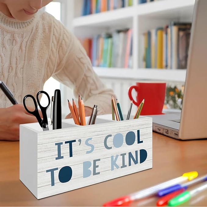 Boho Blue Pen Pencil Holder Organizer for Desk Accessories, Boys Room Decor, It's Cool to Be Kind Wooden Box Signs Decorations for Kids Boys Nursery Bedroom Playroom Desk Tabletop