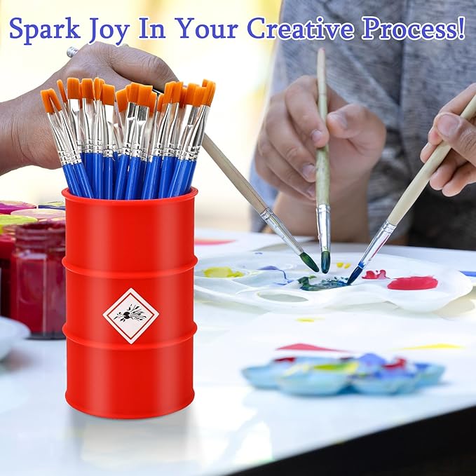 2 Pack Pen Holder for Desk, Creative Industrial Drum Barrel Pencil Holder, Cute Pencil Cup with 8 Fun Stickers, Chic Office Decor Desk Organizer- Blue & Red