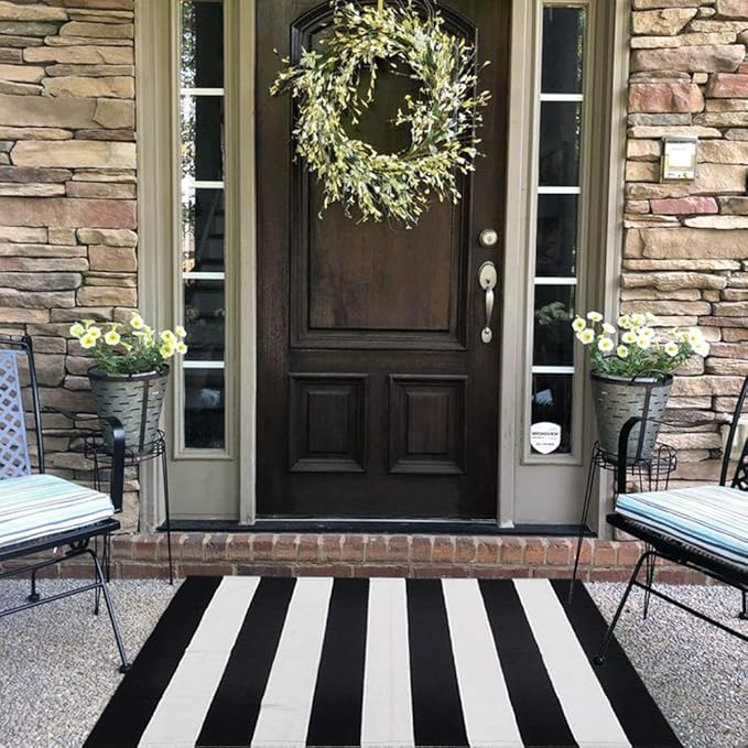 Black and White Striped Outdoor Rug 27.5X 43 inches Front Door Mat Hand-Woven Cotton Indoor/Outdoor for Layered Mats,Welcome Mat, Porch,Farmhouse,Kitchen,Entry Way