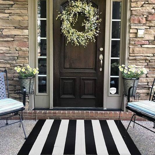 Black and White Striped Outdoor Rug 27.5X 43 inches Front Door Mat Hand-Woven Cotton Indoor/Outdoor for Layered Mats,Welcome Mat, Porch,Farmhouse,Kitchen,Entry Way