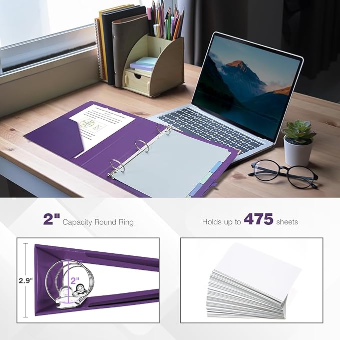 Ospelelf 3 Ring Binder, 2 Inch, Cute Letter Size (11" x 8.5") with 5 Tab Dividers, File Folder Labels and Low Profile Clipboards, Purple Binder for School and Office Supplies