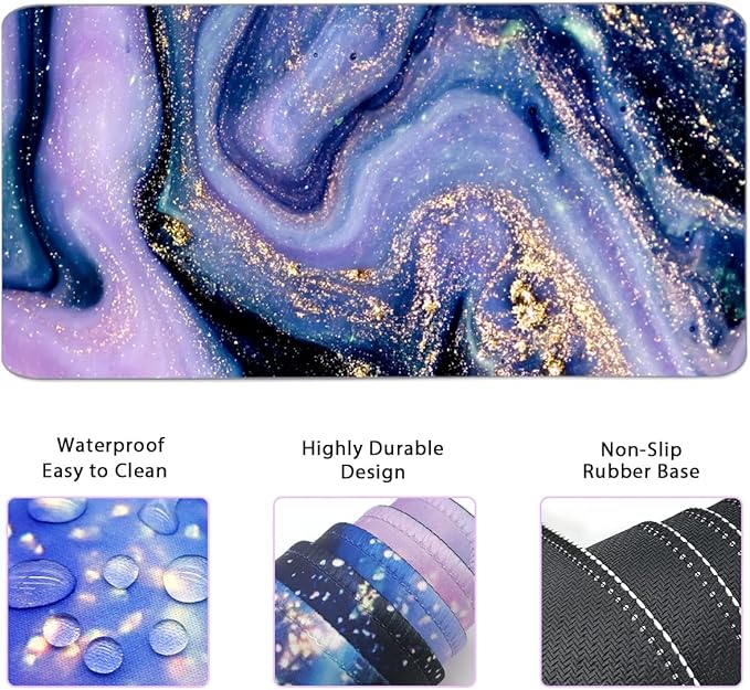 4-in-1 Large Gaming Mouse Pad, Keyboard Wrist Rest Pad & Wrist Support Mousepad Set, Extended Desk Pad Waterproof Desk Mat for Home Office Study Game - Purple Marble