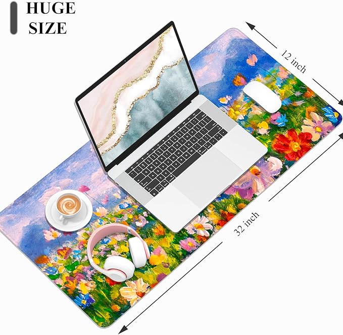 Desk Mat, 32" x 12" XXL Extended Large Gaming Mouse Pad, Desktop Decor Desk Pad, Cute Men Women Office Supplies and Accessories, XL Mouse Mat for Laptop & Keyboard, Oil Painting Flowers
