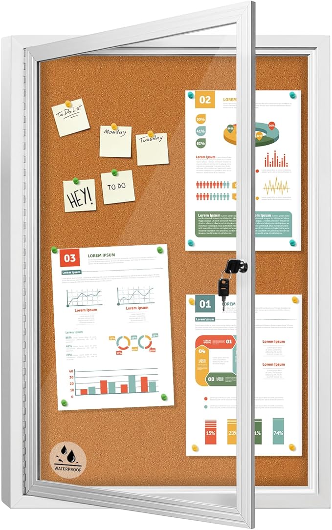 Lockable Outdoor Enclosed Bulletin Board, Weatherproof Cork Noticeboard with Locking Door, Wall-Mounted Aluminum Framed Display Case for Messages,36x24in (5xA4)