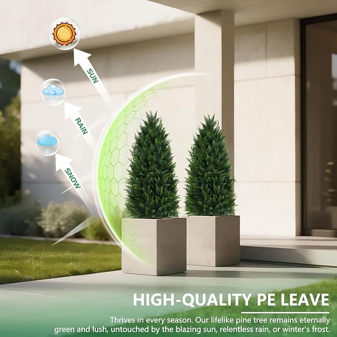 Artificial Topiary Cedar Trees, 2 Pack 3FT Artificial Cedar Pine Tree Potted UV Rated Plant Fake Plants Tall Artificial Plants Shrubs for Indoors Outdoors