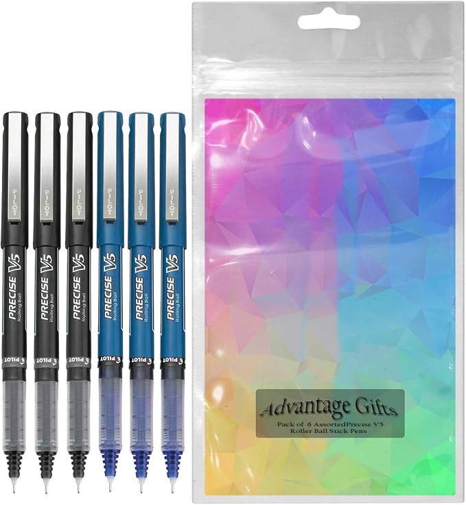 Precise V5 Stick Rolling Ball Pens, Extra Fine Point (.5mm), Assorted Colors Black/Blue Ink, 6-pk; Bundle with Plastic Reusable Pouch