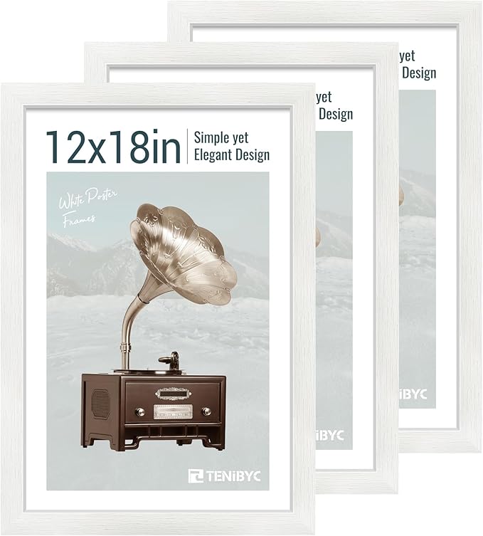 12x18 Poster Frame Set - 3 Pack, Textured White Solid Wood with HD Tempered Glass, Wall Gallery Picture Photo Frame