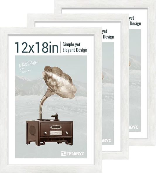 12x18 Poster Frame Set - 3 Pack, Textured White Solid Wood with HD Tempered Glass, Wall Gallery Picture Photo Frame