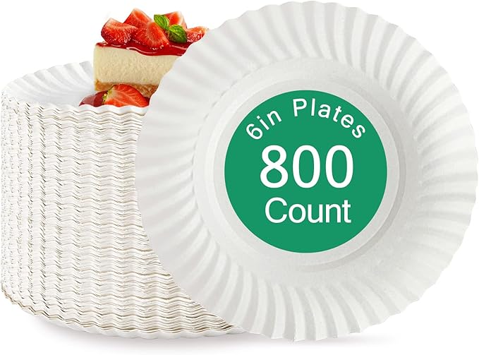 JOLLY PARTY 6 Inch White Paper Plates Uncoated, Everyday Disposable Paper Plates, Light Weight Small Dessert Plates, Round 6" Paper Plate Bulk, 800 Count
