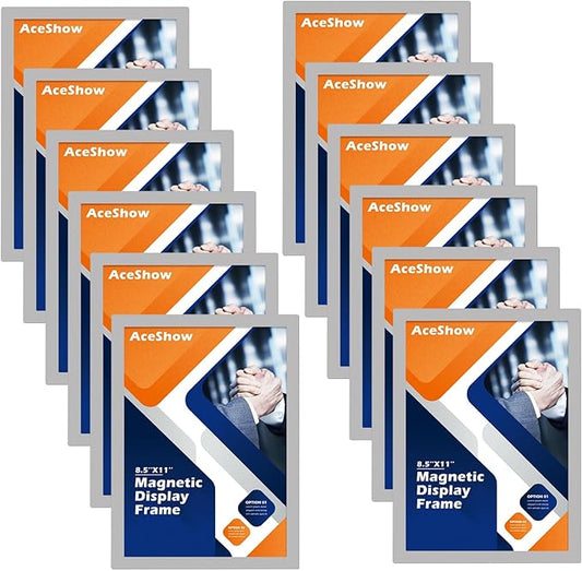 Magnetic Sign Holder - 8.5×11" Wall Mounted Self-Adhesive Magnetic Paper Holder, Transparent Wall Display Picture Frame with Silver Edge, Suitable for Office, Store, Mall, Home (8.5"x11" 12pack)