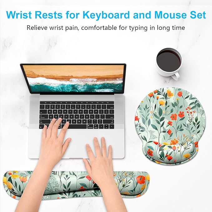 Dapesuom Keyboard Wrist Rest and Mouse Pad with Wrist Support, Cute Memory Foam Cushion for Keyboard and Mouse Set, Desktop Pad Rests with Non Slip Base for Easy Typing & Pain Relief, Simple Flowers