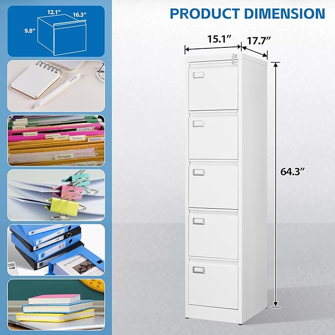 5 Drawer File Cabinet with Lock Metal Vertical File Cabinet Office Home Vertical File Cabinet for A4 Legal/Letter Size Narrow File Cabinet Locked,Assembly Required (White, 5 Drawers-Vertical)