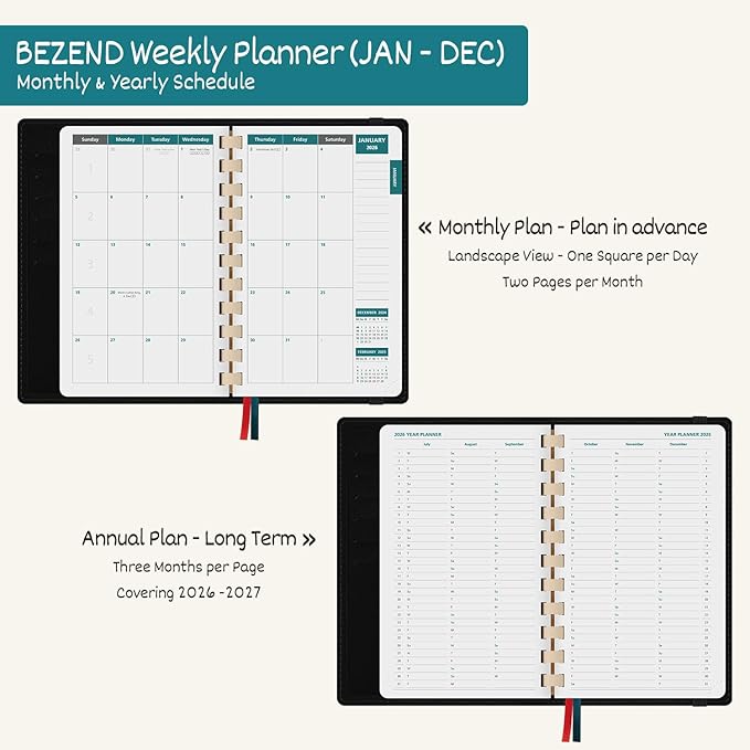 BEZEND Pocket Calendar 2026 Weekly and Monthly (Soft Spiral-4.25" x 6.75") Two Pages per Week Planner Runs Jan to Dec, Pen Holder, Card Slots & Refillable Vegan Leather Softcover - Evergreen