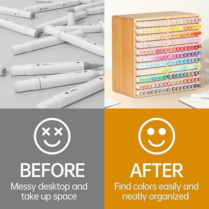 walowalo Marker Organizer Hold 176 Markers Birthday Gifts Bamboo Pen Holder Art Supply Pencil Storage Organizer with 22 Compartments All-in-One Marker Storage for Home Office Desk Classroom