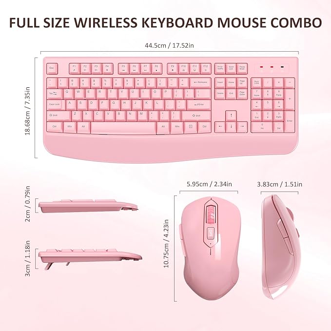 Wireless Keyboard and Mouse Combo, Full-Sized 2.4GHz Wireless Keyboard with Comfortable Palm Rest and Optical Mouse for Windows, Mac OS PC/Desktops/Computer/Laptops (Full Pink)