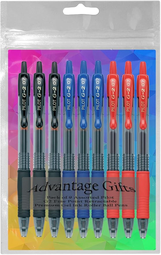 G2 Retractable Premium Gel Ink Roller Ball Pens Fine Point Fine Point (.7mm) Black/Blue/Red Ink 9-pk; Refillable & Premium Comfort Grip Bundle with Plastic Reusable Pouch