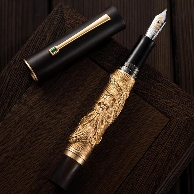 Hongdian N24 Fountain Pen Extra Fine Nib, Golden Dragon Stereoscopic Carving with Red Wood Design