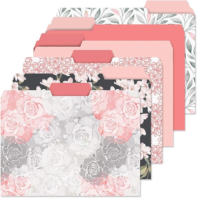 Current Charcoal & Coral File Folders Value Pack - Bulk Set of 24, 6 Pretty Decorative Designs, 1/3 Cut Tabs, Heavy-Duty Paper Stock, Office Supplies for Home & Work, 9-½” x 11-¾” Letter Size