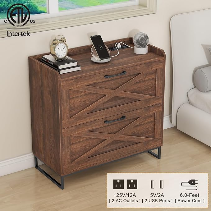 File Cabinet 2 Drawers Lateral File Cabinet with Charging Station for Letter/Legal/A4 Size Hanging Files, Large Wood File Storage Cabinets Printer Stand for Home Office, Dark Walnut