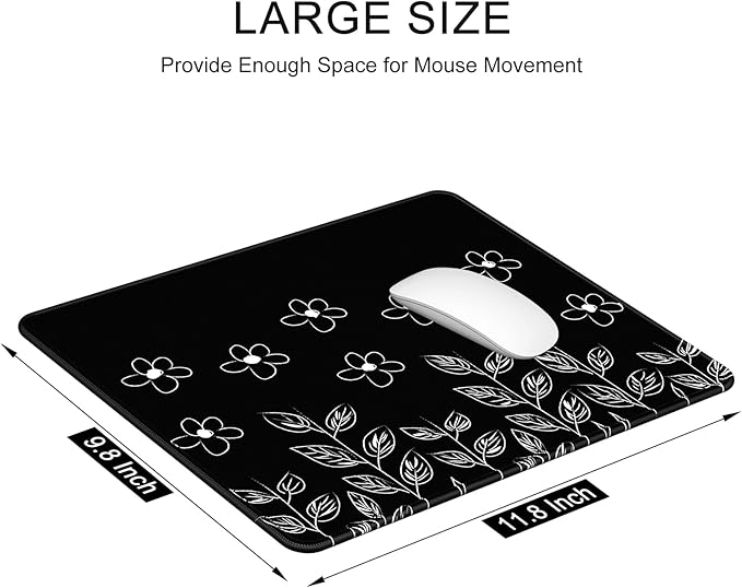 Auhoahsil Mouse Pad, 12 x 10 in Flower Theme Computer Mouse Pad for Desk, Premium-Textured Non-Slip Rubber Stitched Edges Waterproof Square Mouse Mat for Gaming Work Wireless Mice, Black