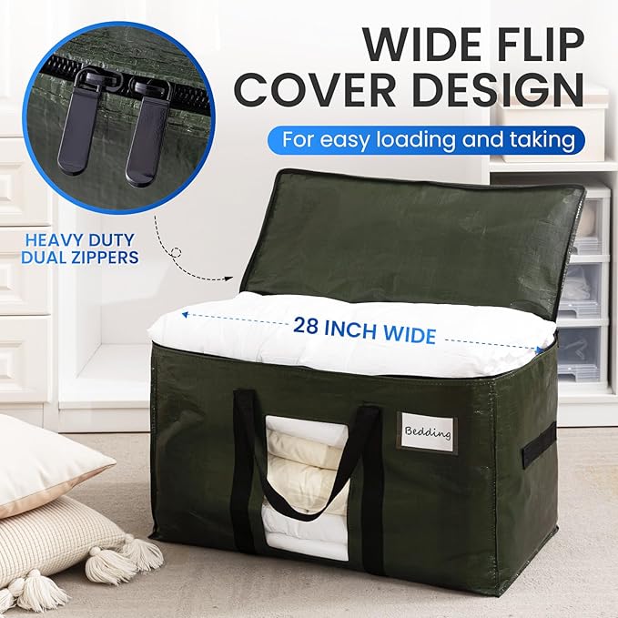 TAILI 4 Pack Green Extra Large Storage Bags, Heavy Duty Totes with Visible Window, Wrap Around Handles, Perfect for Moving