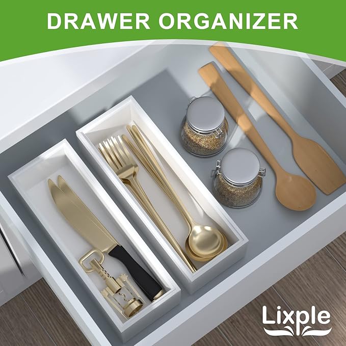 Utensil Organizer Silverware Drawer Organizer - Set of 2, Stackable Kitchen Organization, Bamboo Storage Box Tray for Kitchen Gadgets Bathroom Countertop (White)