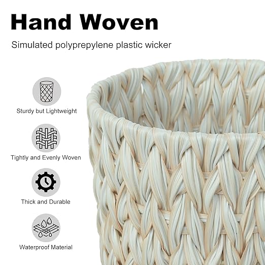 Wicker Trash Can,Bathroom Trash Can,Wicker Waste Basket for Bathroom,Decorative Boho Small Waste Basket for Bedroom,Office,Cream White 2 Gallon