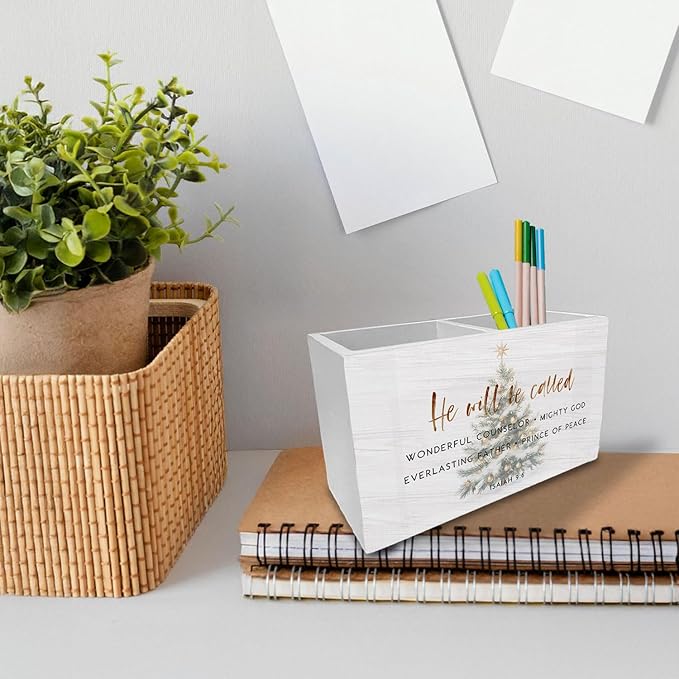 Christmas Tree Christian Pen Holder for Desk, He Will Be Called Bible Verse Wooden Box Sign Desk Decor for Home Office Decoration, Religious Pencil Organizer, Christian Christmas Decor