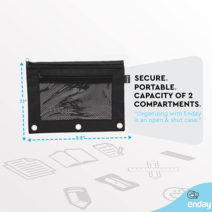 Enday Black Pencil Pouch For 3 Ring Binder, Zippered Binder Pencil Pouches, 3 Ring Pencil Pouch for Binder, Pencil Case for Binder, Large Pencil Bags for School, Home, and Office (2 Pack)