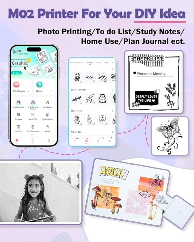 Phomemo Mini Sticker Printer- Mini Printer Sticker Maker Machine M02, Print Pods Suitable for Creative DIY, Diaries, Photos, Study Notes, Portable Thermal Inkless Label Maker for Home/Travel, White