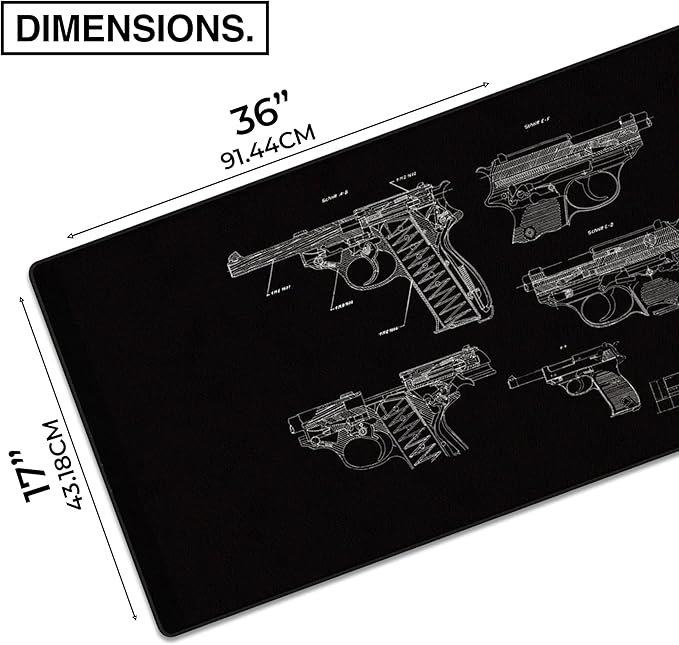 MPCO. Blueprints Large Gaming Desk Pad - 36" x 17" Duraglyde Fabric Pistol 38 – Black Desk Mats - Non-Slip, Washable, Smooth Glide for Precision Gaming & Work