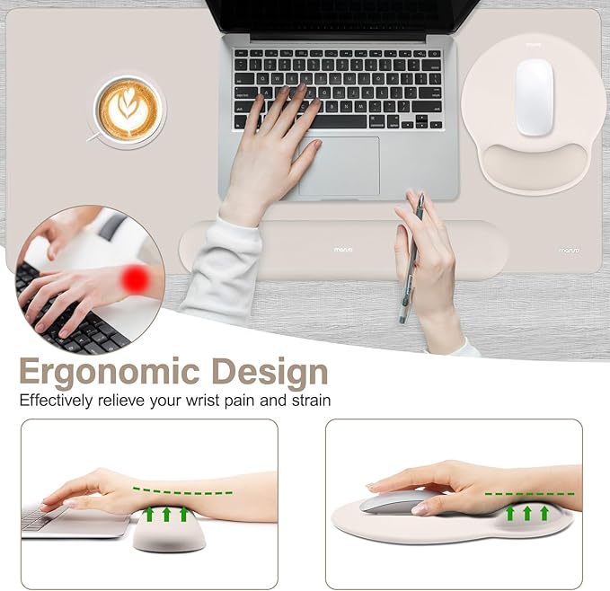 MOSISO Wrist Rest for Keyboard Mouse Pad Set, Large Gaming Deskpad&Circle Curved Mousepad&Keyboard Wrist Rest&Coaster, Ergonomic Non-Slip Mousepad&Easy Typing Pad with Curved Memory Foam, Stone Gray