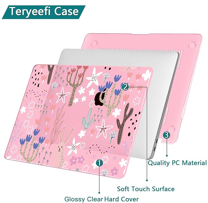 Teryeefi Case for MacBook Pro 13 inch A2338 M2 M1 Chip A2251 A2289 A2159 A1989 A1706 (2025 2024 2023 2022-2016), Clear Pink Hard Shell with Keyboard Cover Trackpad Film Type C Adapter,Cute Plants W125