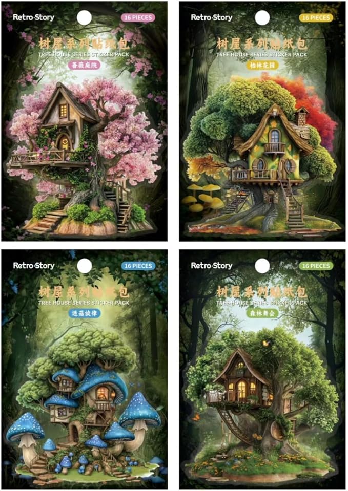 64 Pieces Aesthetic Fantasy Tree House PET Sticker Set, 4 Pack Vintage Magic Tree House Stickers for Scrapbooking, Journaling, DIY Crafts Arts, and Junk Journal Supplies