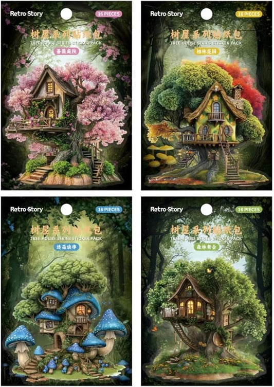 64 Pieces Aesthetic Fantasy Tree House PET Sticker Set, 4 Pack Vintage Magic Tree House Stickers for Scrapbooking, Journaling, DIY Crafts Arts, and Junk Journal Supplies