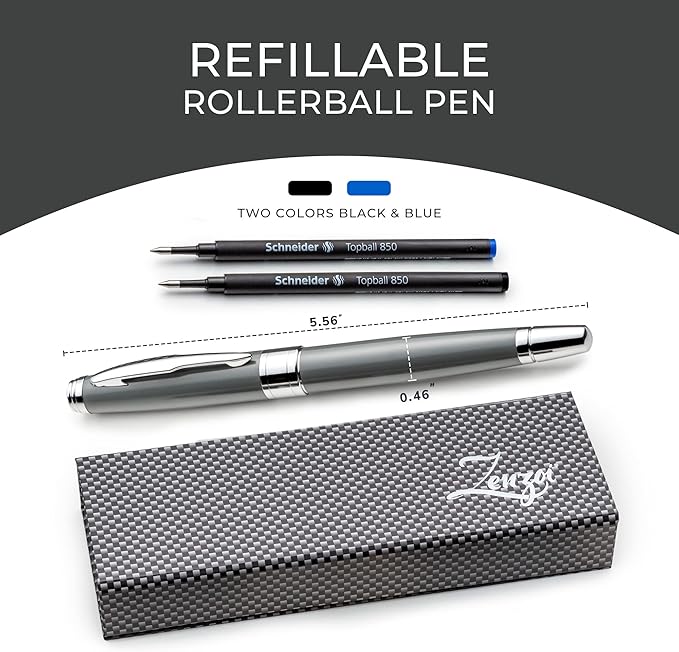 ZenZoi Elegant Pen – Grey Executive Rollerball Pen. Smooth Writing Fine Point Roller Gel Ink. Fancy, Luxury Pen for Men or Women. Quality, Business, High End Pen Gift Set