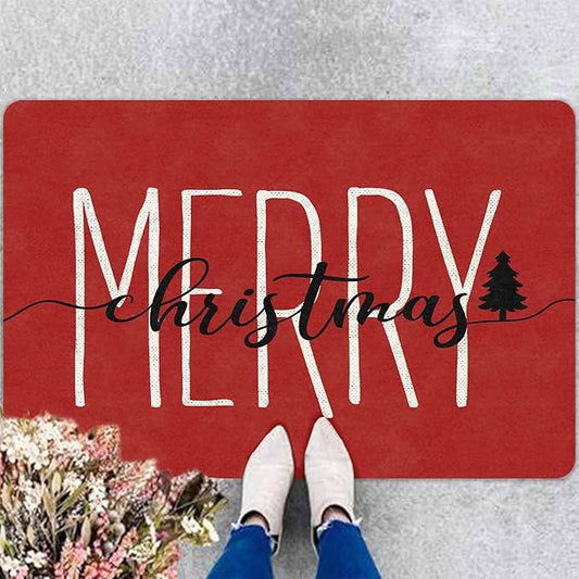Merry Christmas Doormat Red Funny Text Door mat Outdoor Entrance Christmas Festival Carpet for Outside Entrance Or Porch Entry Entrance Decoration, 18" x 30"Inch