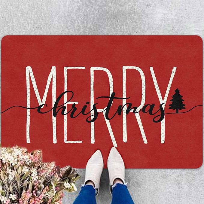 Merry Christmas Doormat Red Funny Text Door mat Outdoor Entrance Christmas Festival Carpet for Outside Entrance Or Porch Entry Entrance Decoration, 16" x 24" Inch