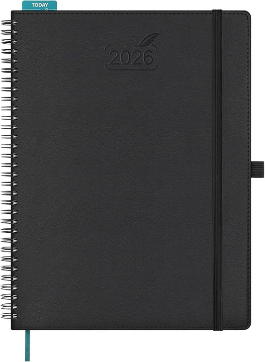 BEZEND 2026 Planner Weekly and Monthly (8.5" x 11" Spiral) Daily Calendar with Half-Hourly Timeslots & Tab (Jan-Dec) Note & Expenses, Pen Holder, Inner Pocket, Vegan Leather Softcover - Black