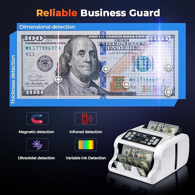 MUNBYN IMC09 Mixed Denomination Money Counter Machine, Value Counting, UV/MG/IR/MT Bill Counter, 3.5" TFT Display Money Counting Machine, USD, EUR, MXN, CAD Cash Counter for Business (White)