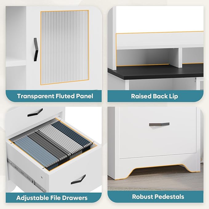 Bestier 77.8" H Executive Desk with Hutch, Modern Wood Computer Desk with Drawers, Charging Station, LED Light, Fluted Storage Cabinet, Keyboard Tray, 59" W Office Desk for Home Office, White