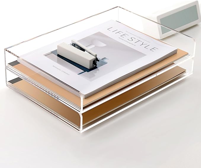 2 Pack- Stackable Paper Letter Tray, A4 File Tray Desk Organizer, Acrylic Desk Organizers and Accessories Sorter, Clear Workspace Office Supplies Organizers, 12.4inx8.86inx3.46in