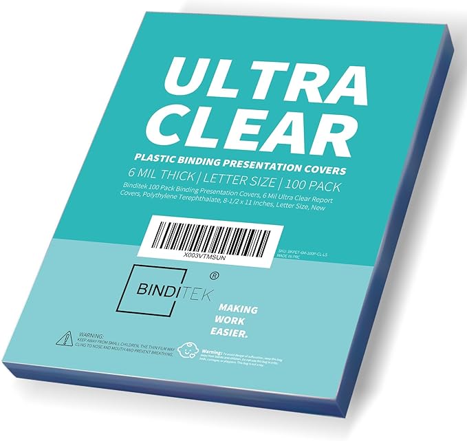 Binditek 100 Pack 6 Mil Clear Presentation Covers for Binding, Ultra Clear, 8.5 x 11 Inches, Letter Size, Square Corners, Un-Punched, Office Supplies