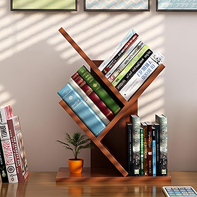 Godferyxin Tree Bookshelf,Desktop Book Shelf,3 Tier Wood Mini Bookshelf and Book Tree for Office, Home or School Desk Book Shelf for for Displaying Books, CDs, Magazines Wood Storage Rack
