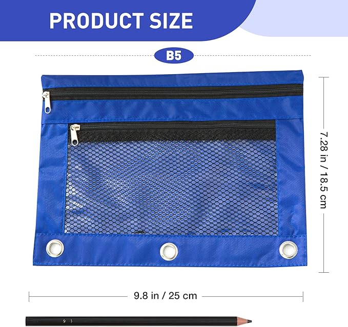 Pencil Pouch for 3 Ring Binder - 3 Hole Zipper Pen Case Bag Holder Bulk Accessories Clear Window Aesthetic Organizer Pockets (Blue, 1)