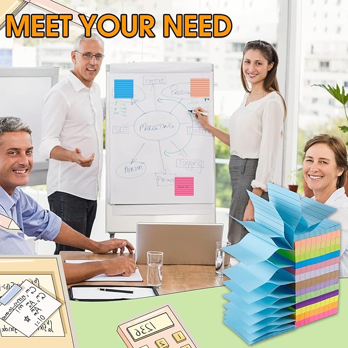 14 Pads Pop Up Sticky Notes,1400 Sheet Lined Sticky Notes 3x3 Inch,Self-Stick Notes Pads with Lines,Bright Multi Colors Easy Post Notes Pop up Refill for Office Study School Daily Life,100 Sheets/Pad