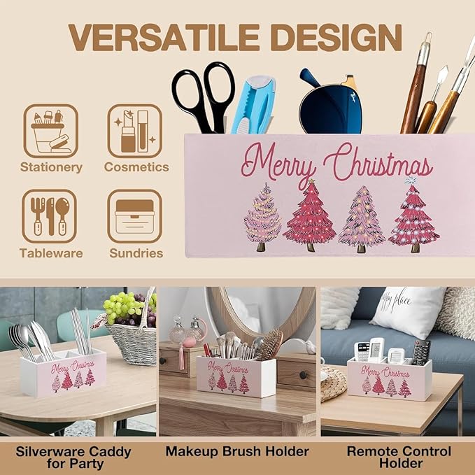 Pink Merry Christmas Tree Pen Pencil Holder Organizer for Desk Accessories, Pink Pencil Holder, Preppy Girly Xmas Wooden Box Signs Decorations for Home Office Desk Tabletop