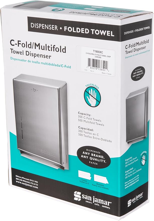San Jamar T1900XC C-Fold/Multifold Commercial Towel Dispenser, 500 Multifold / 300 C-Fold Towel Capacity, Chrome 14.8" x 11.4" x 4"
