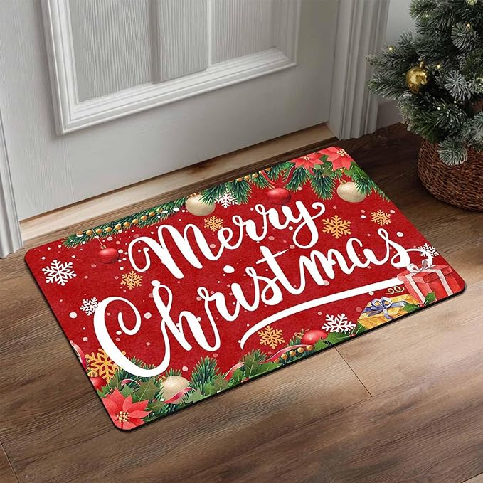 InterestPrint Merry Christmas Welcome Mat Low Profile Entrance Decoration Easy Clean Door Rug Christmas Red Doormat Outdoor Entrance for Outside Entrance Or Porch Entry, 16" x 24" Inch